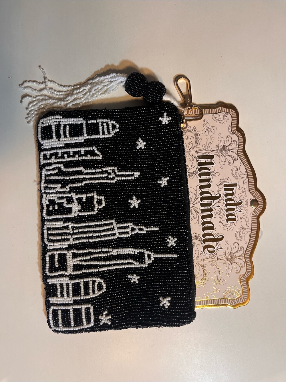 Handmade Black & White Beaded Mini Clutch - Cityscape Design
